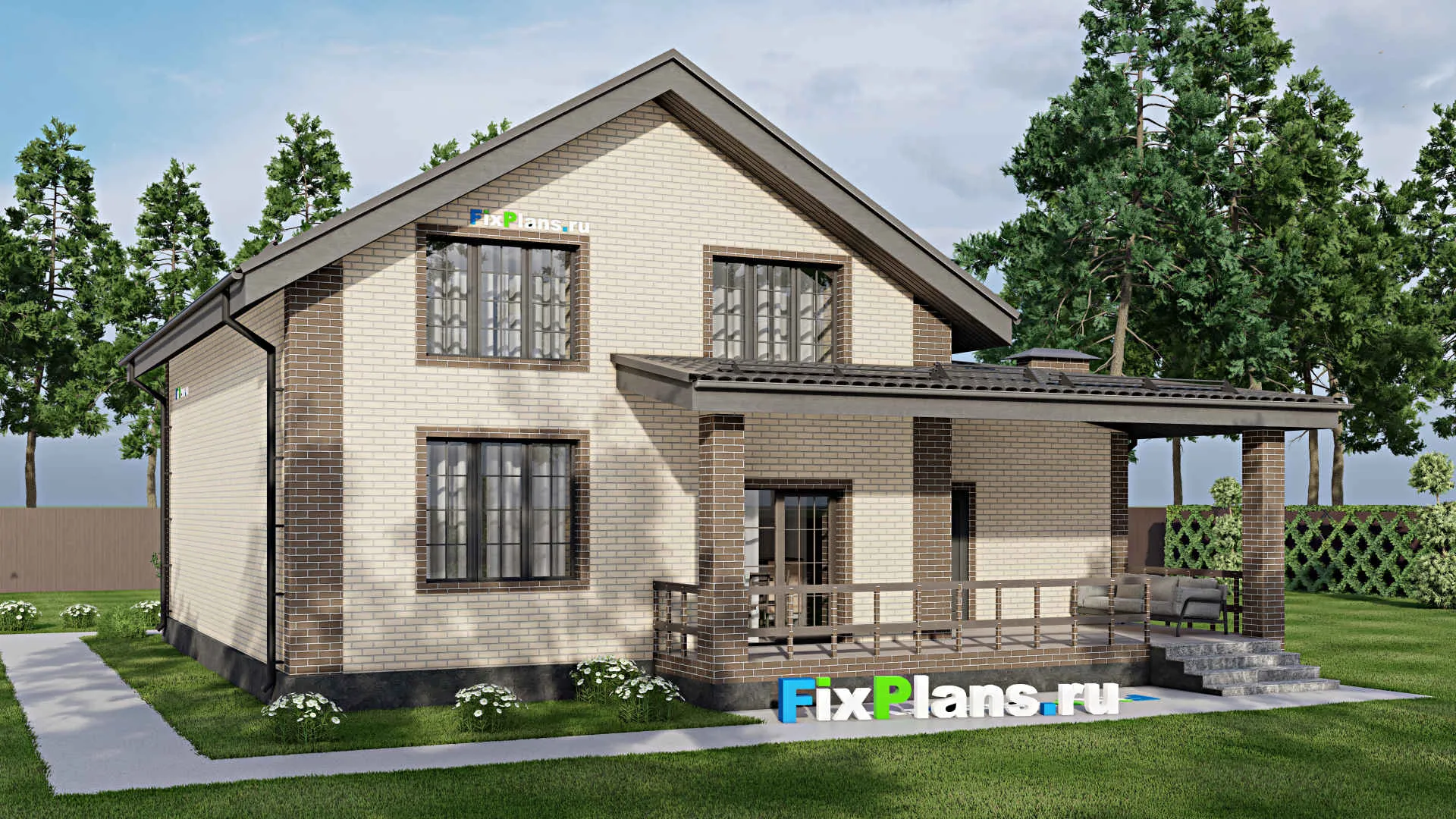 F-4688 - Планы дома с мансардой 12 на 14, площадью 200 м² с террасой, балконом, гаражом на 1 машину и 3 спальнями