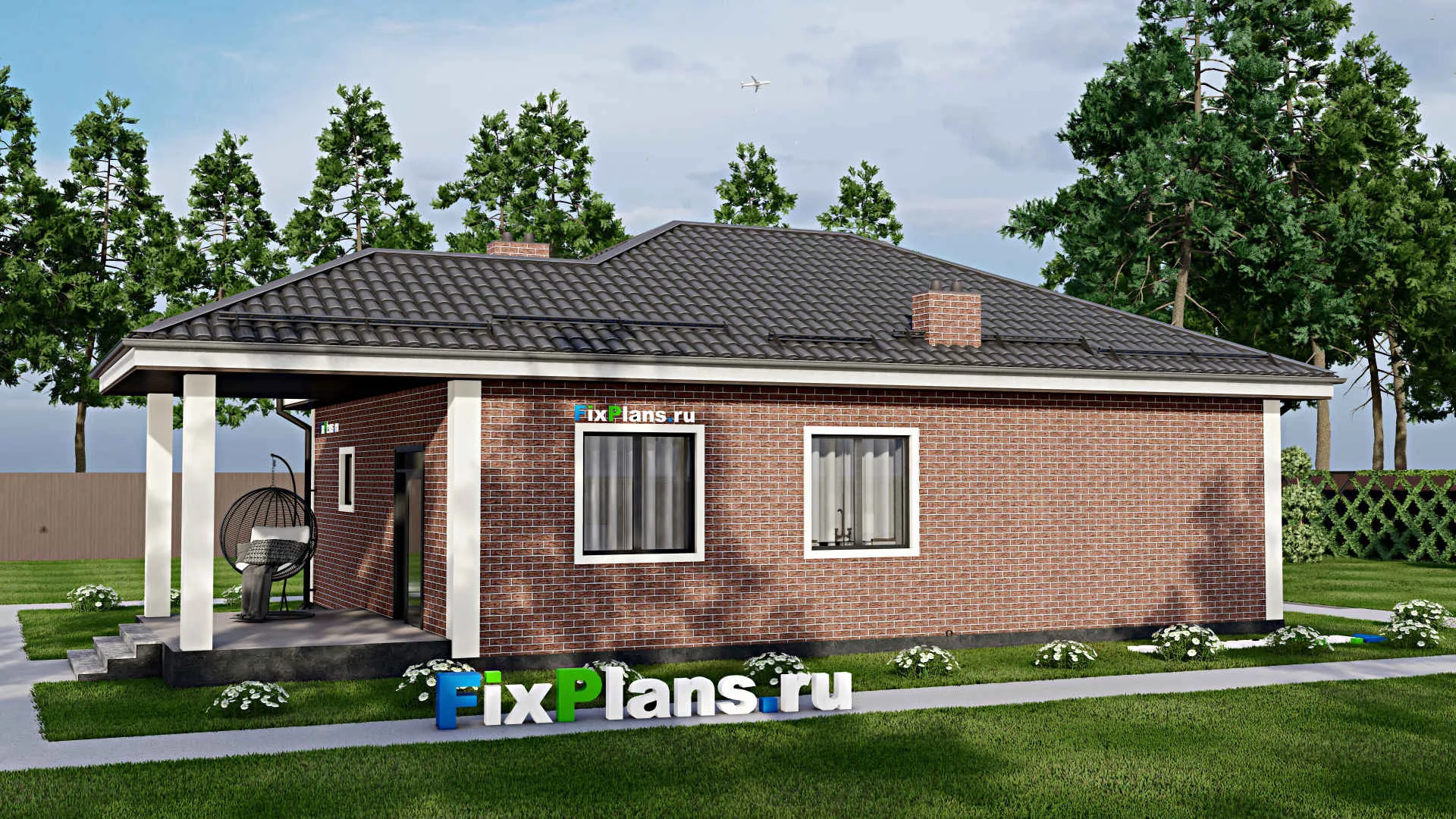 F-4445 - План одноэтажного дома 10 на 13, площадью 110 м² с террасой и 3 спальнями