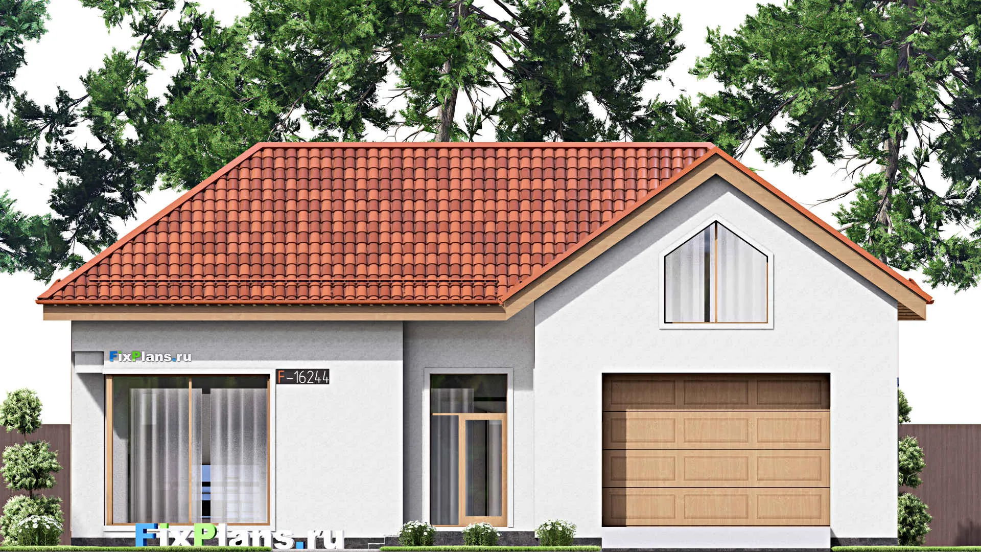 F-16244 - Проект одноэтажного дома 16 на 18, площадью 320 м² с террасой, гаражом на 1 машину и 3 спальнями