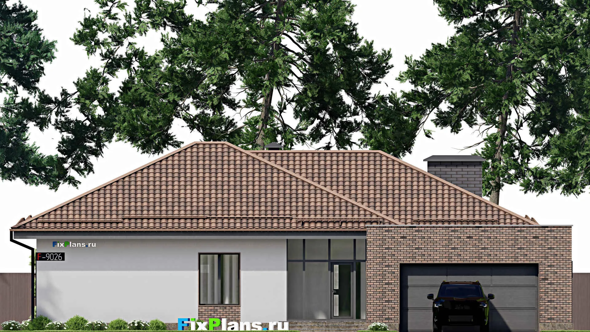 F-9026 - Проект одноэтажного дома 19 на 24, площадью 240 м² с террасой, гаражом на 2 машины и 3 спальнями