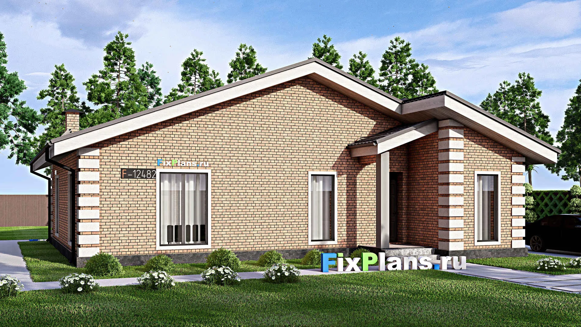 F-12482 - Проект одноэтажного дома 14 на 14, площадью 120 м² с 3 спальнями