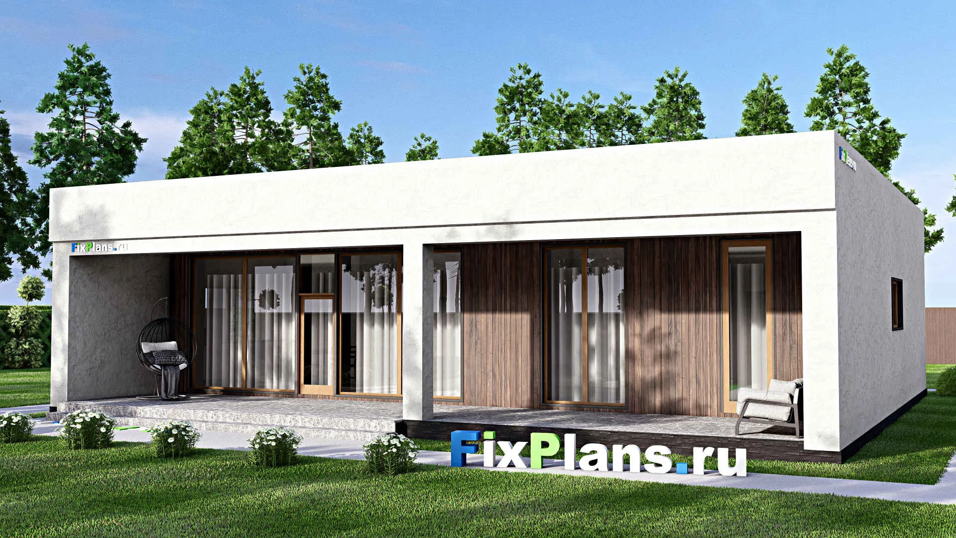 F-12932 - Проект одноэтажного дома 15 на 16, площадью 190 м² с террасой и 3 спальнями