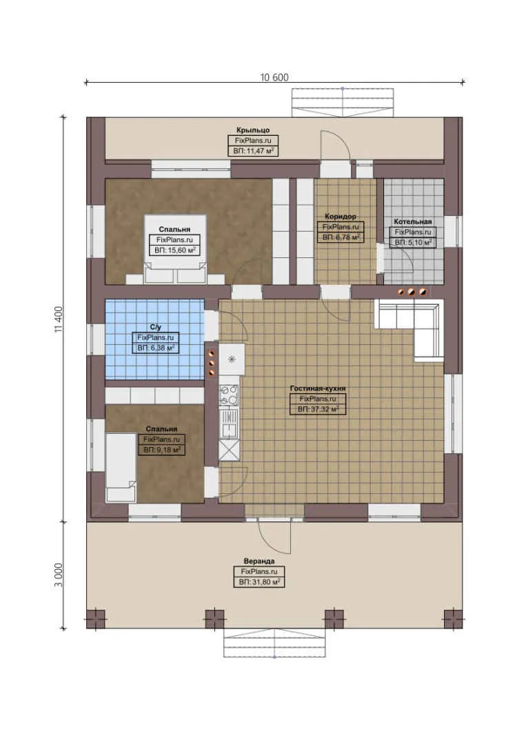 F-0422 - План одноэтажного дома 11 на 12, площадью 130 м² с террасой и 2 спальнями