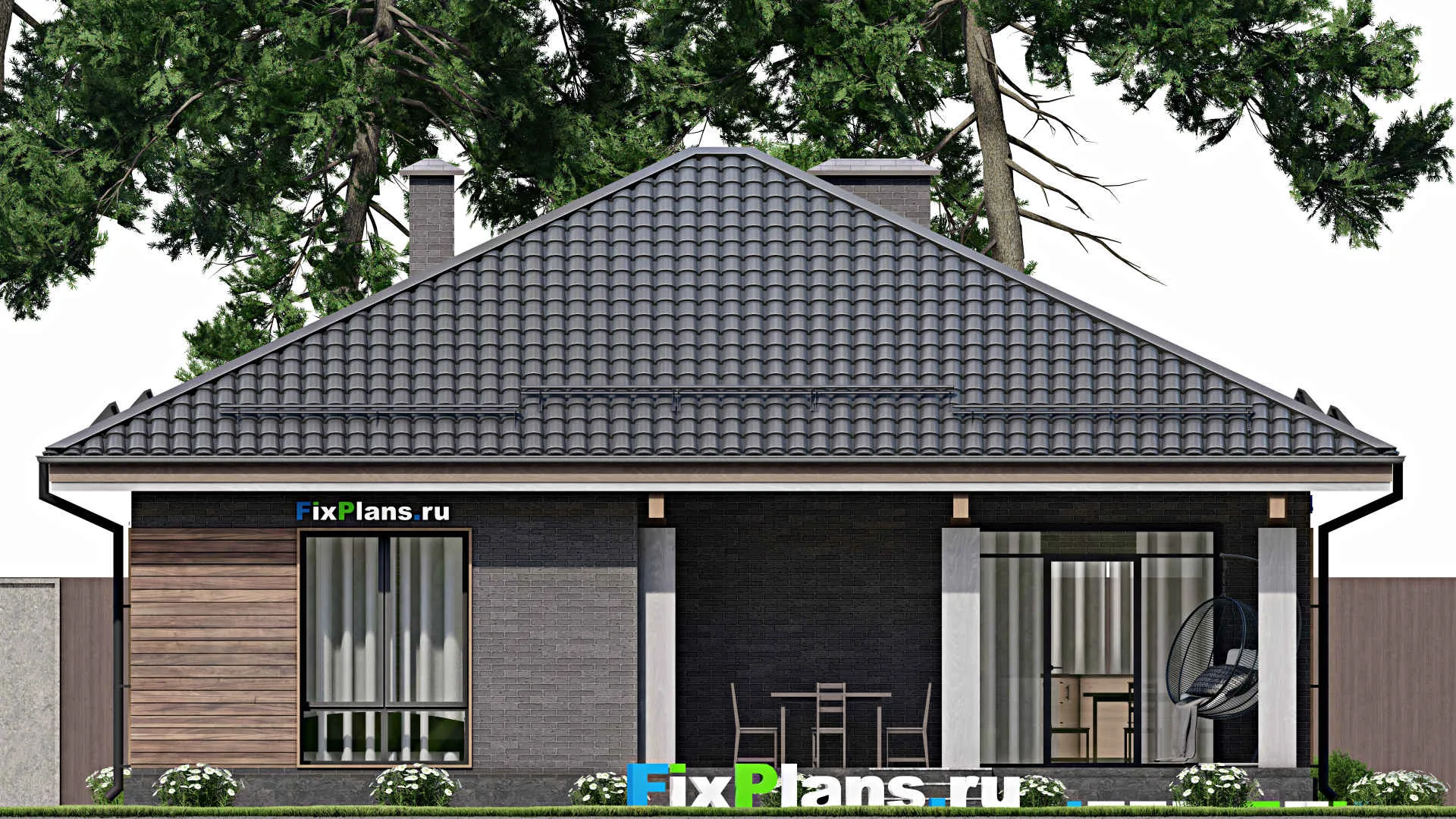 F-5516 - Проект одноэтажного дома 12 на 12, площадью 110 м² с террасой и 2 спальнями