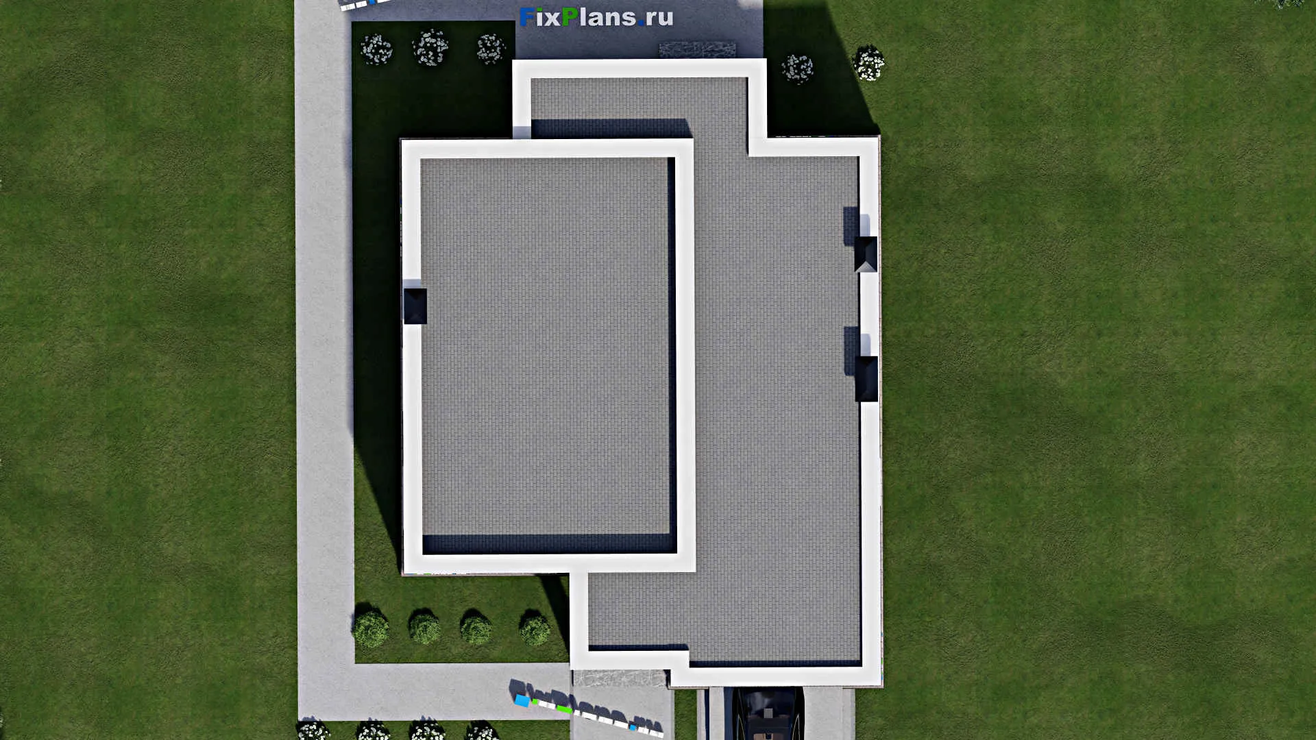 F-8972 - Проект одноэтажного дома 13 на 17, площадью 150 м² с террасой, гаражом на 1 машину и 2 спальнями