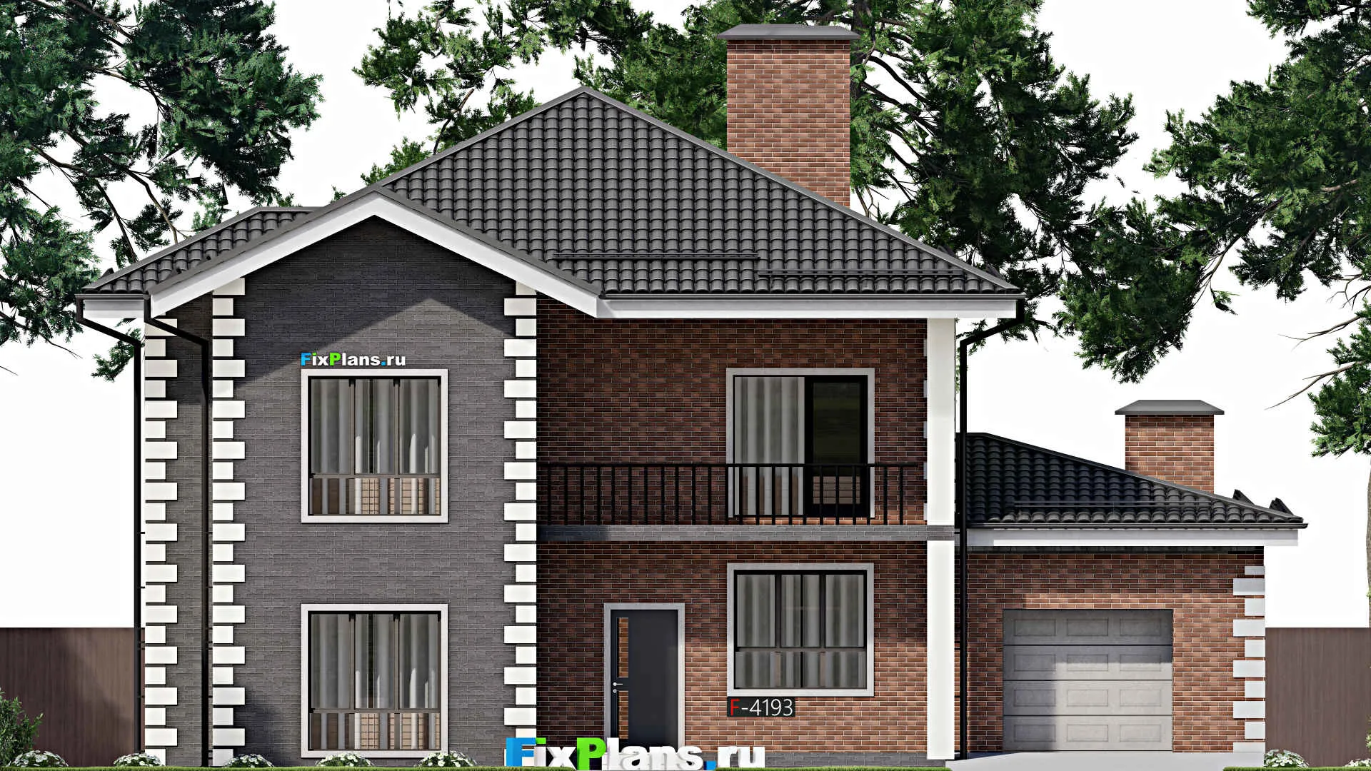 F-4193 - Проект двухэтажного дома 14 на 17, площадью 280 м² с террасой, балконом, гаражом на 1 машину и 4 спальнями