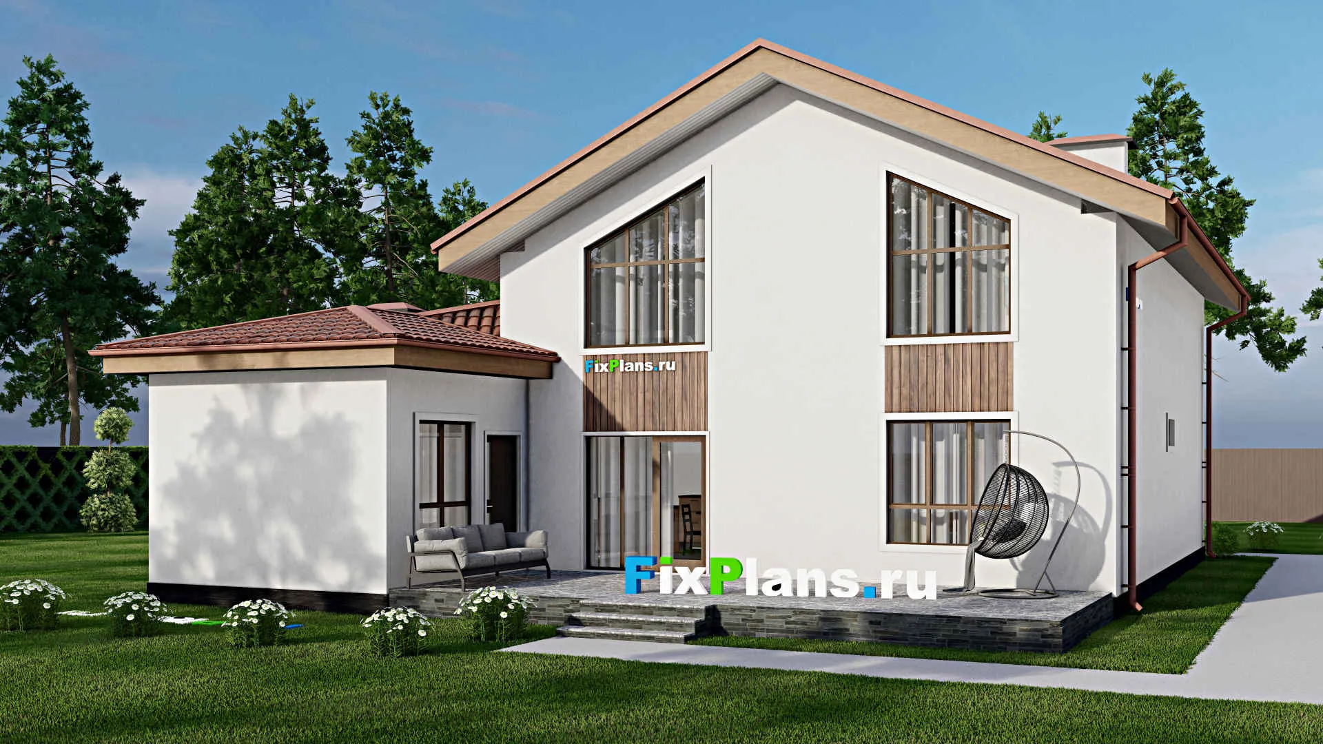 F-10106 - Проект дома с мансардой 14 на 16, площадью 260 м² с террасой, баней и 3 спальнями