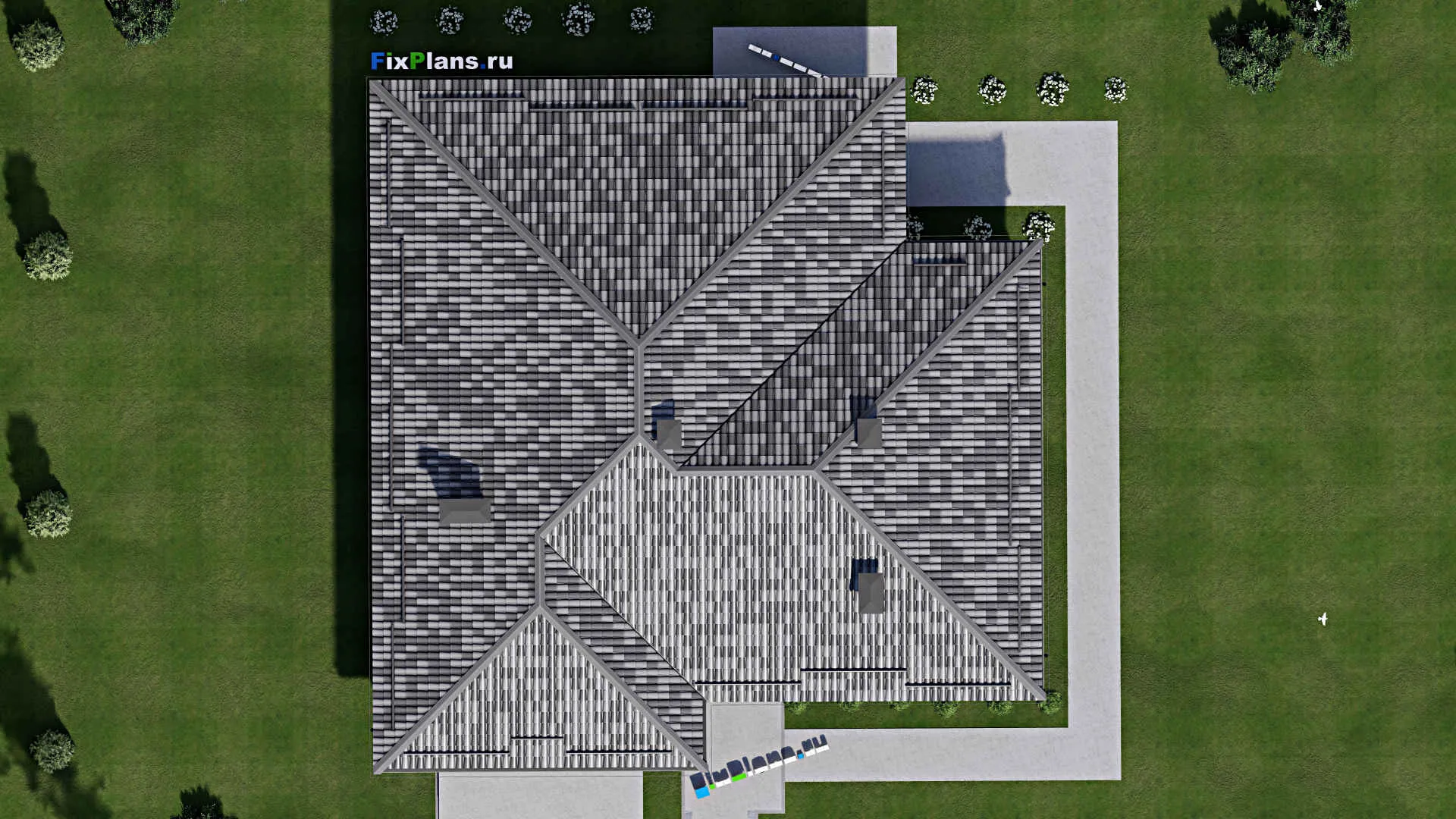 F-6551 - Проект одноэтажного дома 16 на 18, площадью 230 м² с террасой, гаражом на 2 машины и 3 спальнями