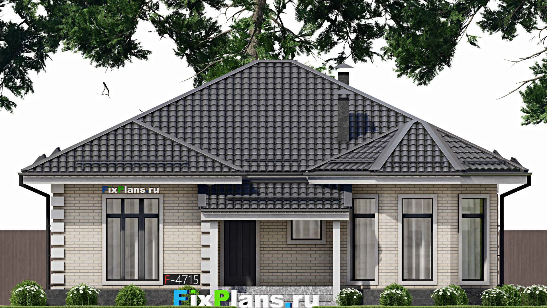 F-4715 - Проект одноэтажного дома 12 на 13, площадью 130 м² с террасой и 3 спальнями