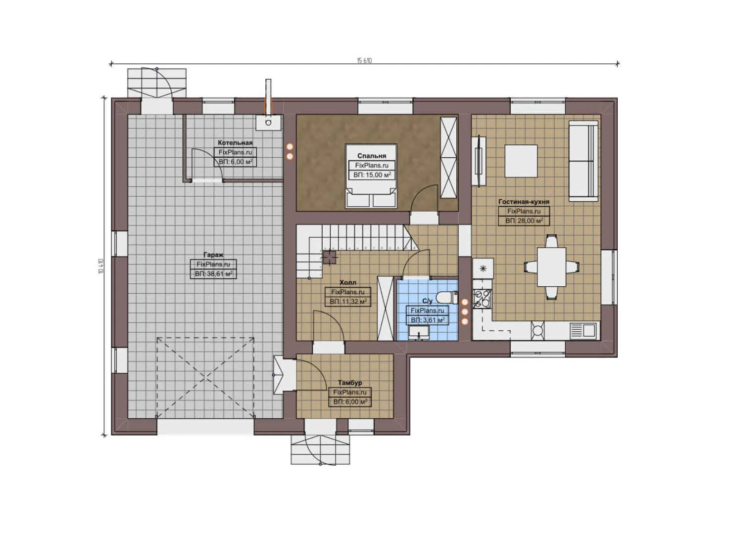 F-9116 - Планы двухэтажного дома 11 на 16, площадью 170 м² с гаражом на 2 машины и 4 спальнями