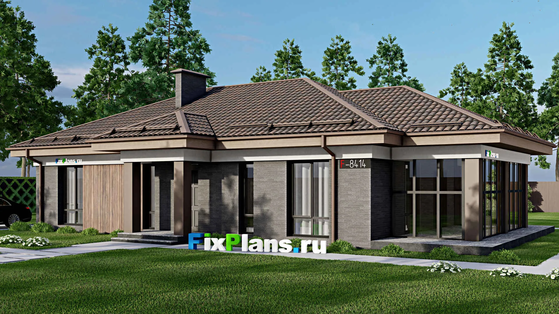 F-8414 - Проект одноэтажного дома 12 на 15, площадью 160 м² с террасой и 4 спальнями