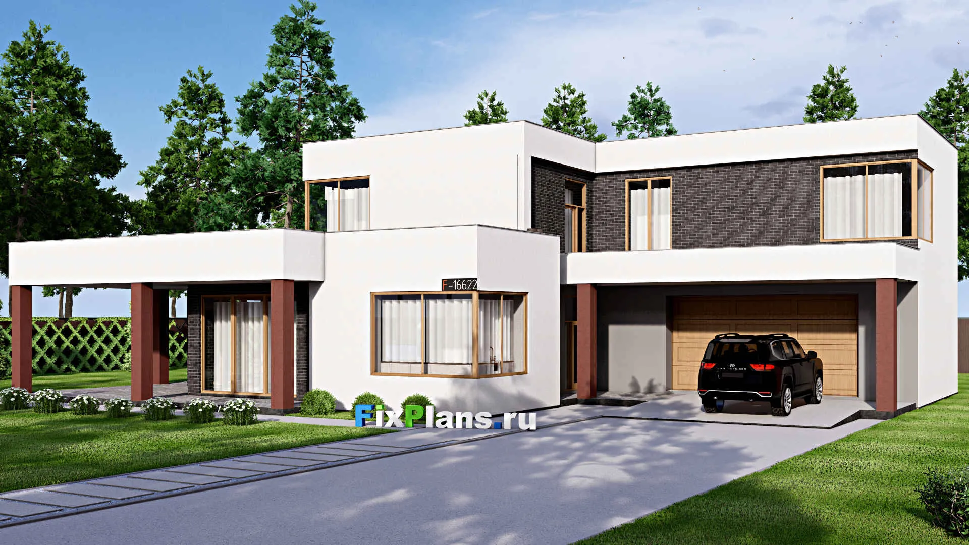 F-16622 - Проект двухэтажного дома 19 на 24, площадью 480 м² с террасой, балконом, гаражом на 2 машины и 3 спальнями