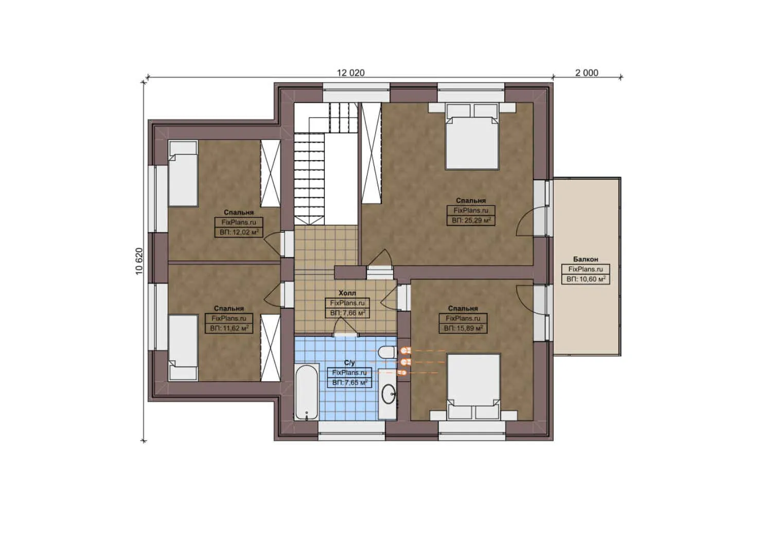 F-5840 - Планы дома с мансардой 11 на 13, площадью 270 м² с террасой, балконом, цокольным этажом и 6 спальнями