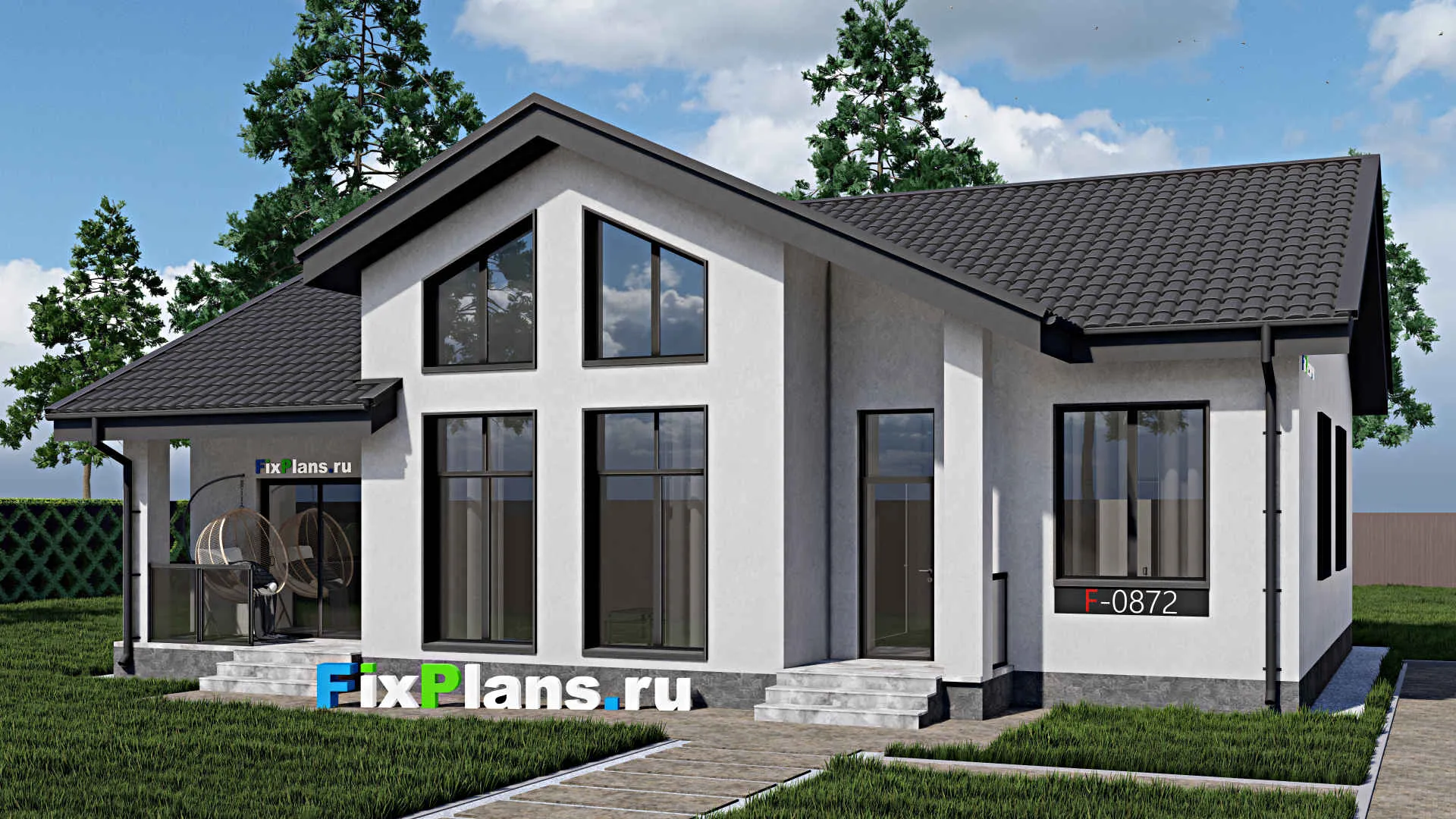 F-0872 - Проект одноэтажного дома 12 на 15, площадью 130 м² с террасой и 3 спальнями