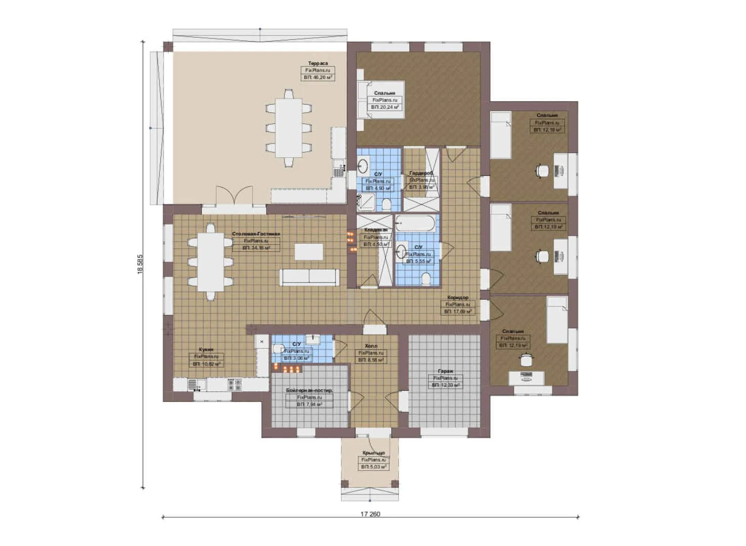 F-19403 - План одноэтажного дома 18 на 19, площадью 230 м² с террасой, гаражом на 1 машину и 4 спальнями