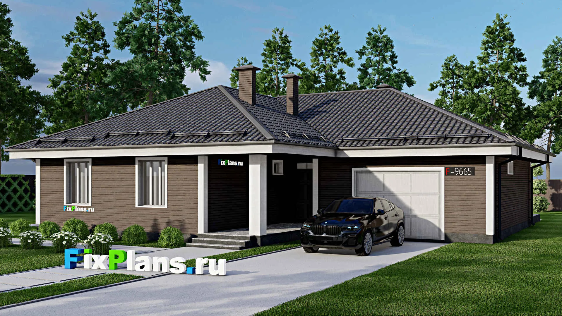 F-9665 - Проект одноэтажного дома 18 на 19, площадью 240 м² с террасой, гаражом на 1 машину и 3 спальнями
