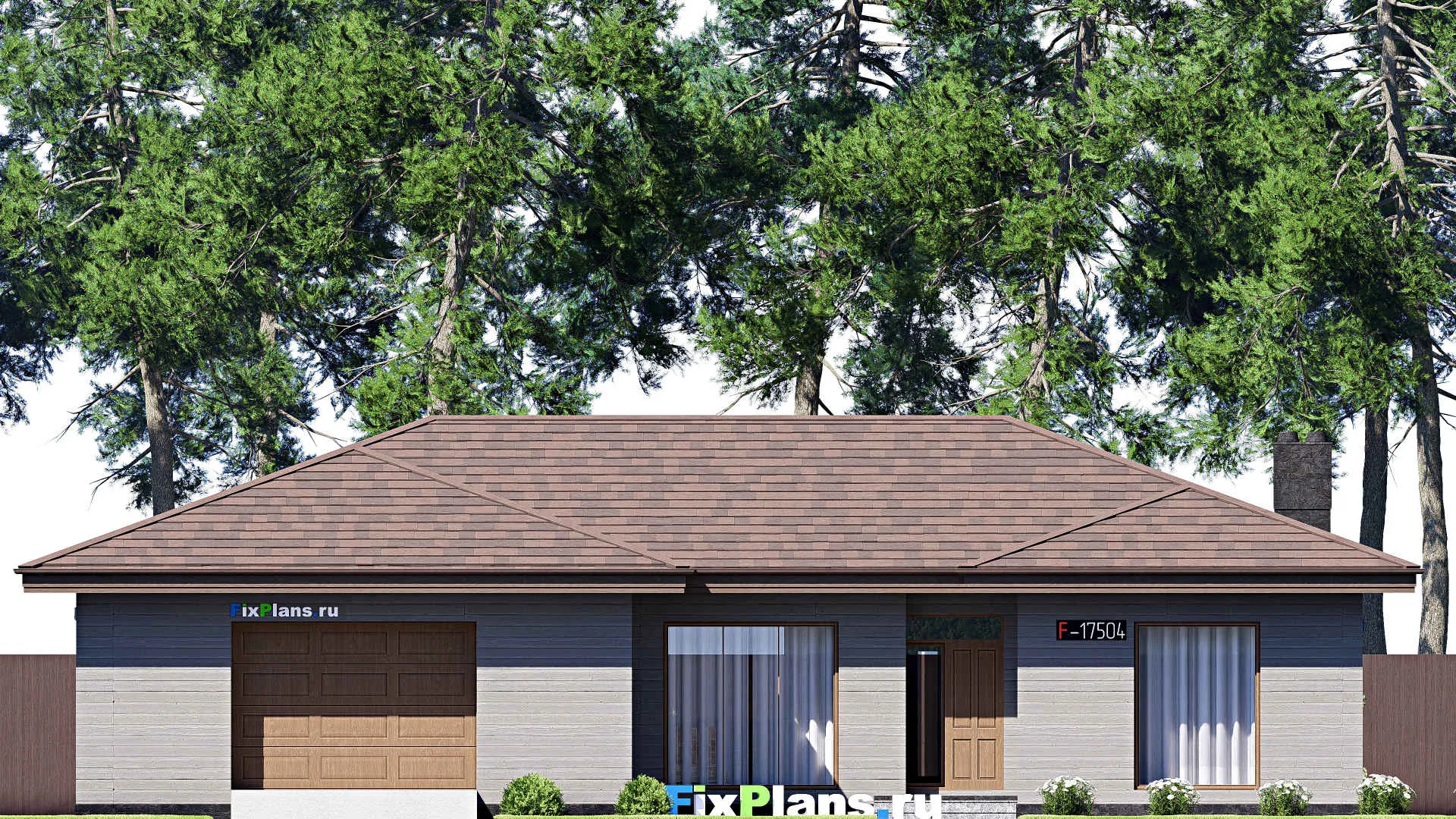 F-17504 - Проект одноэтажного дома 16 на 19, площадью 190 м² с террасой, гаражом на 2 машины и 3 спальнями