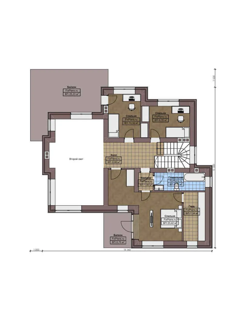 F-1088 - Планы двухэтажного дома 14 на 15, площадью 250 м² с террасой, балконом, вторым светом и 5 спальнями