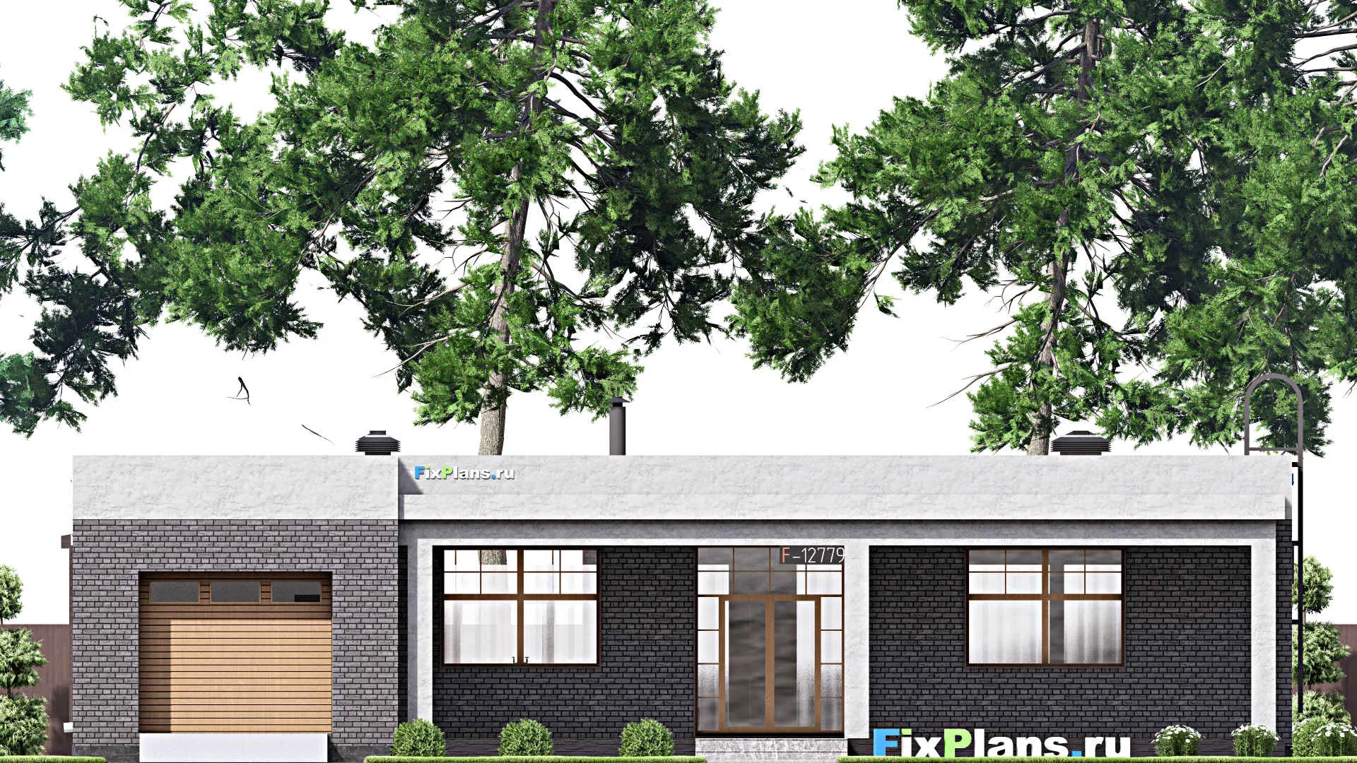 F-12779 - Проект одноэтажного дома 15 на 19, площадью 230 м² с террасой, баней, гаражом на 1 машину, спортзалом и 2 спальнями