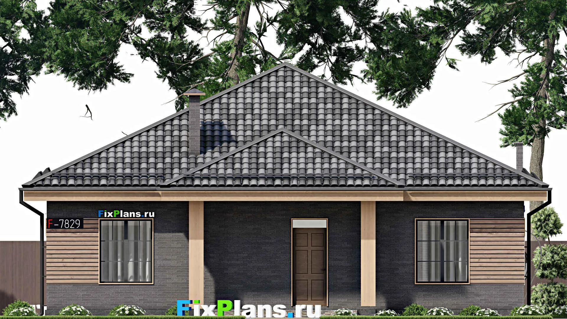F-7829 - Проект одноэтажного дома 14 на 15, площадью 170 м² с террасой и 4 спальнями