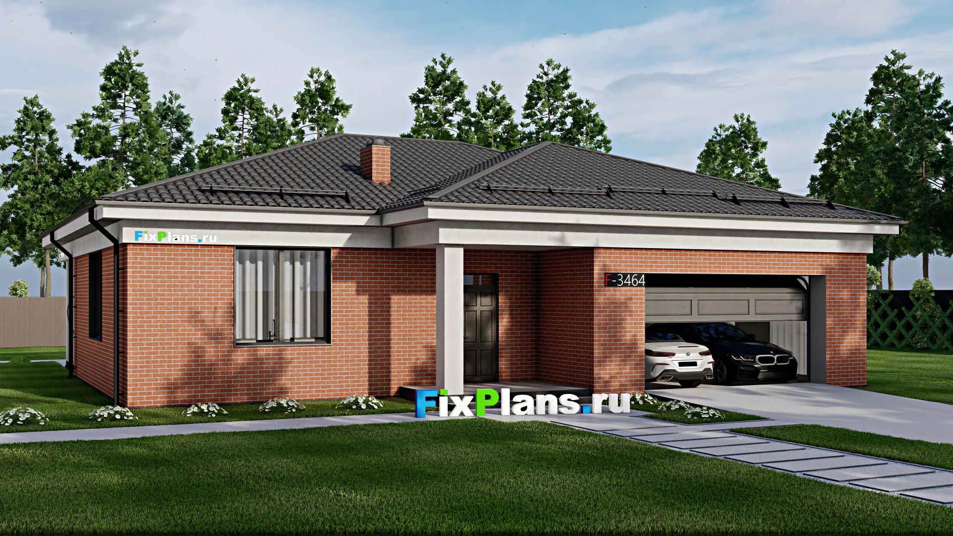 F-3464 - Проект одноэтажного дома 16 на 17, площадью 190 м² с террасой и 3 спальнями