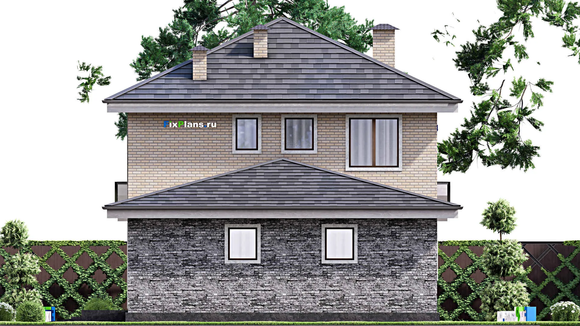 F-13364 - Планы двухэтажного дома 9 на 18, площадью 180 м² с террасой, гаражом на 2 машины и 3 спальнями