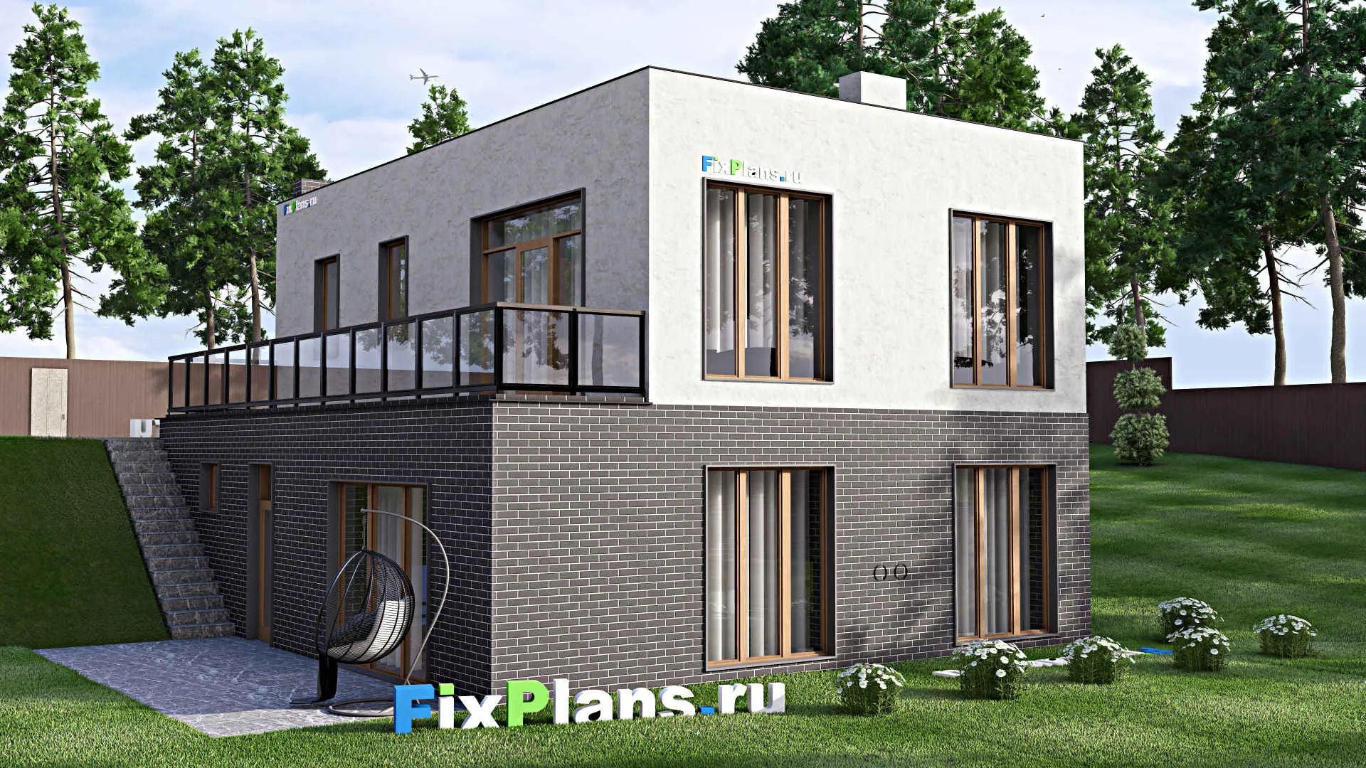 F-3527 - Проект одноэтажного дома 10 на 14, площадью 210 м² с террасой, цокольным этажом, баней и 2 спальнями