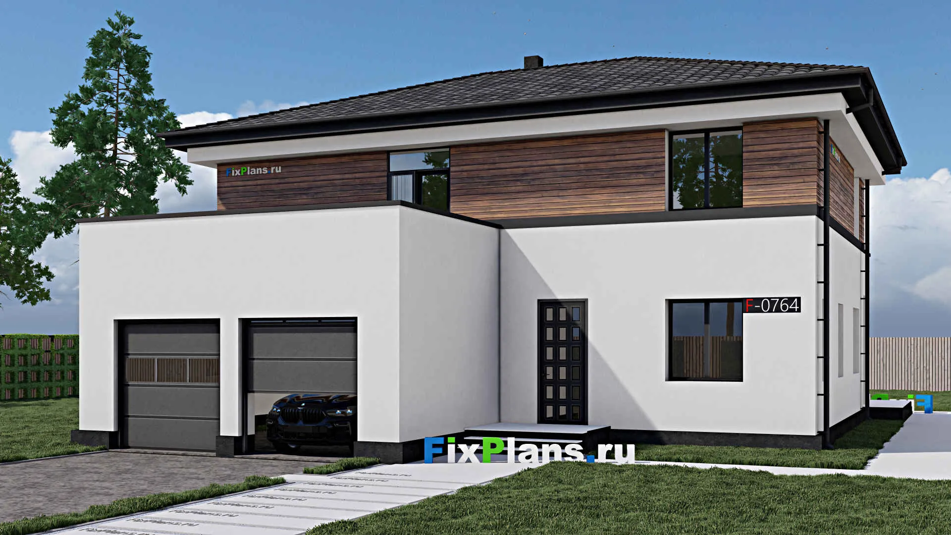 F-0764 - Проект двухэтажного дома 14 на 16, площадью 290 м² с террасой, балконом, гаражом на 2 машины и 2 спальнями