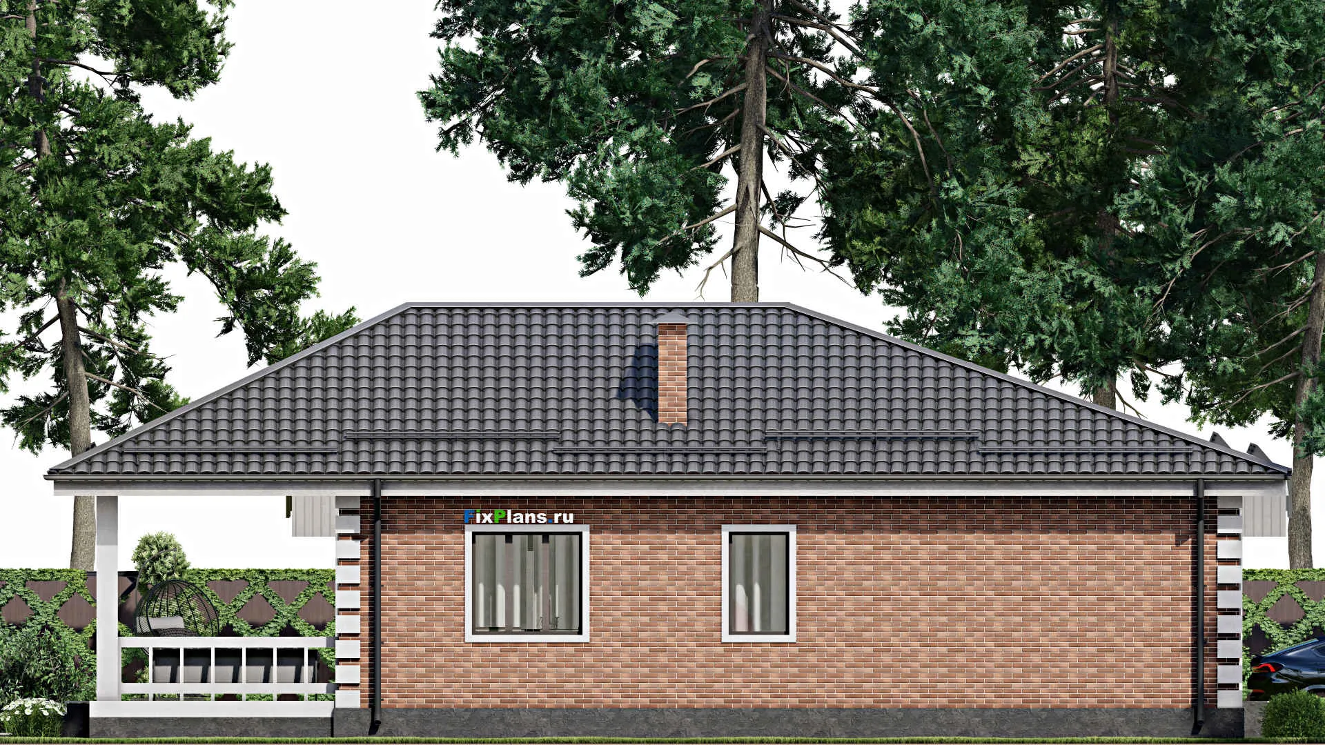 F-3896 - Проект одноэтажного дома 13 на 18, площадью 220 м² с террасой, гаражом на 1 машину и 3 спальнями