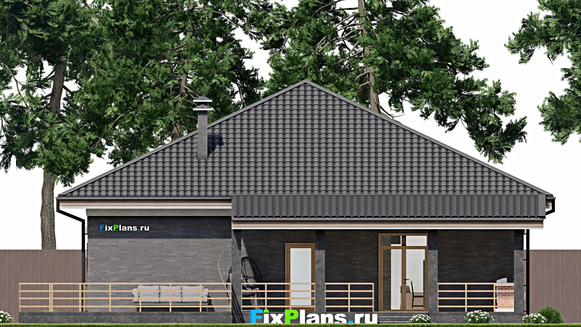 F-4562 - Проект одноэтажного дома 14 на 15, площадью 260 м² с террасой, баней, гаражом на 1 машину, бассейном и 3 спальнями