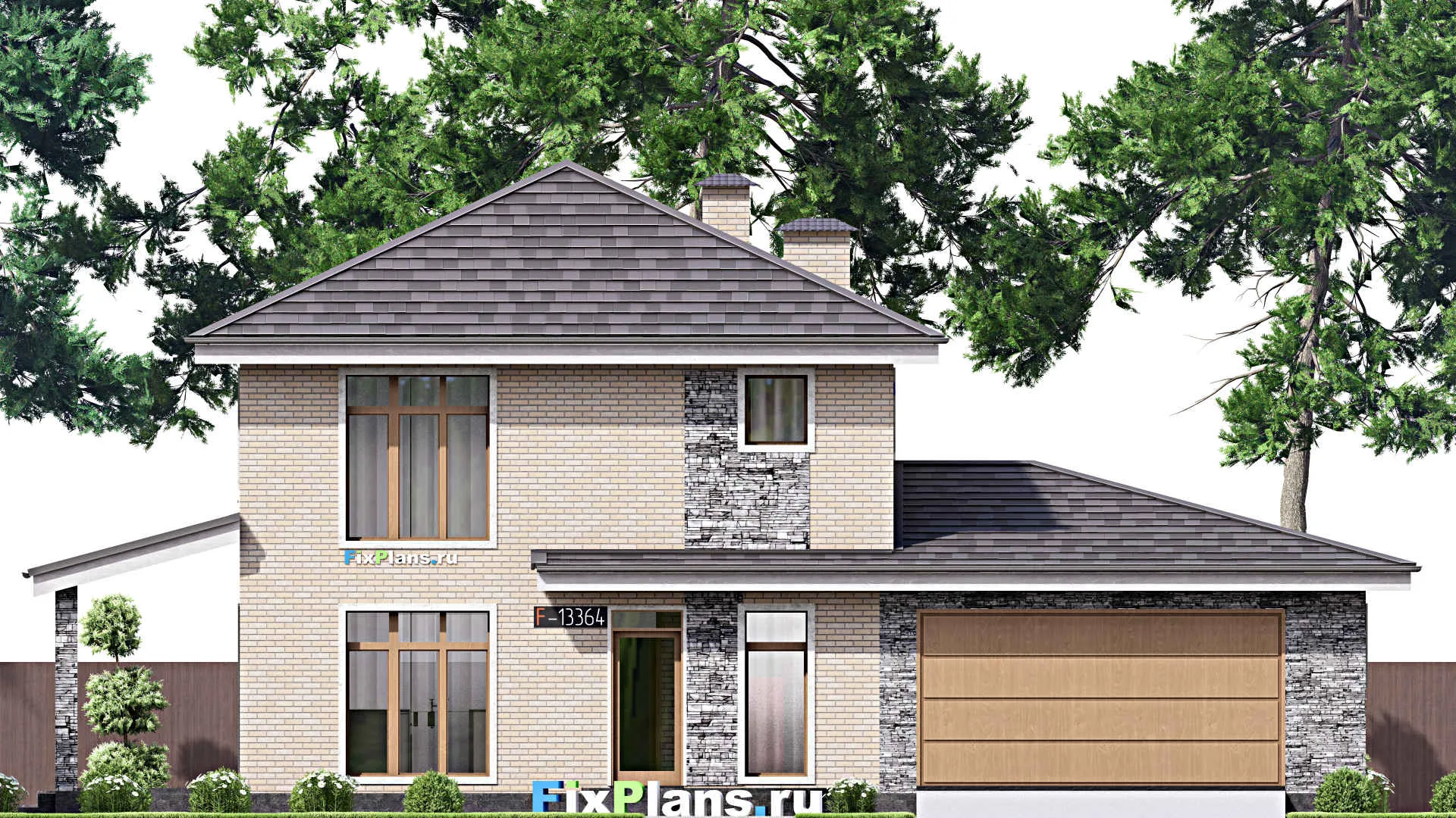 F-13364 - Планы двухэтажного дома 9 на 18, площадью 180 м² с террасой, гаражом на 2 машины и 3 спальнями