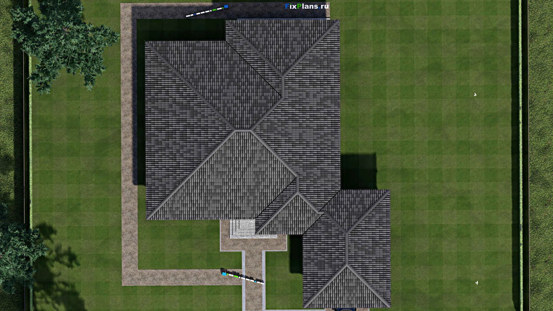 F-1808 - План одноэтажного дома 21 на 24, площадью 270 м² с террасой, гаражом на 2 машины и 4 спальнями