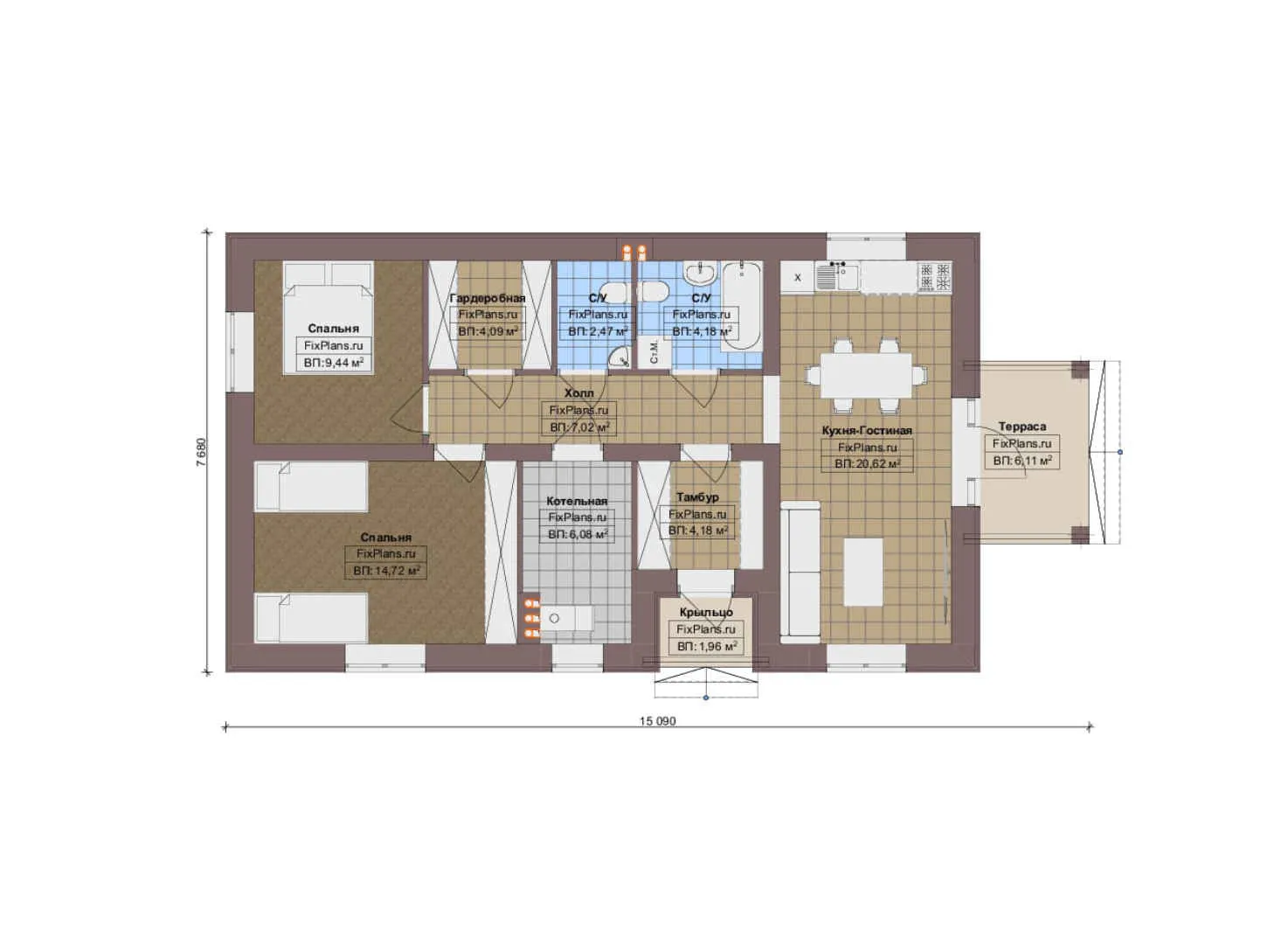 F-18584 - План одноэтажного дома 8 на 16, площадью 90 м² с террасой и 2 спальнями