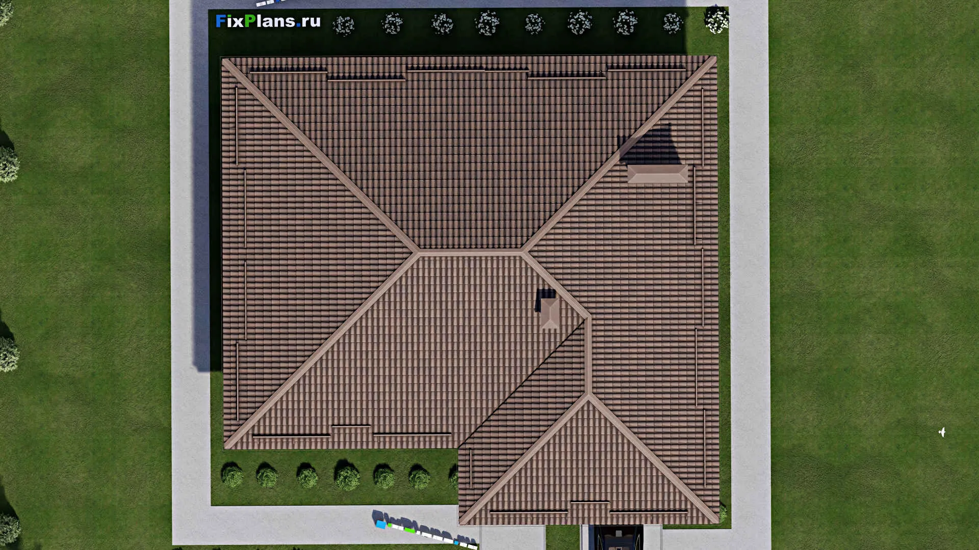 F-7649 - Проект одноэтажного дома 17 на 18, площадью 220 м² с гаражом на 2 машины и 3 спальнями