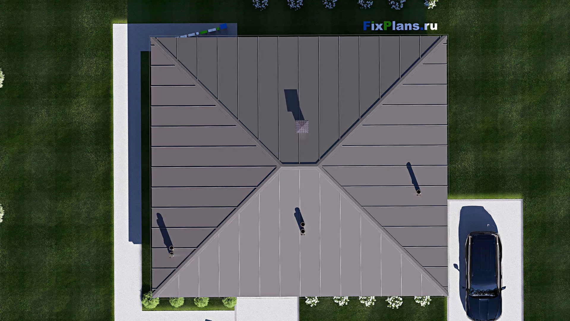 F-18206 - Проект одноэтажного дома 13 на 15, площадью 140 м² с террасой, баней и 3 спальнями