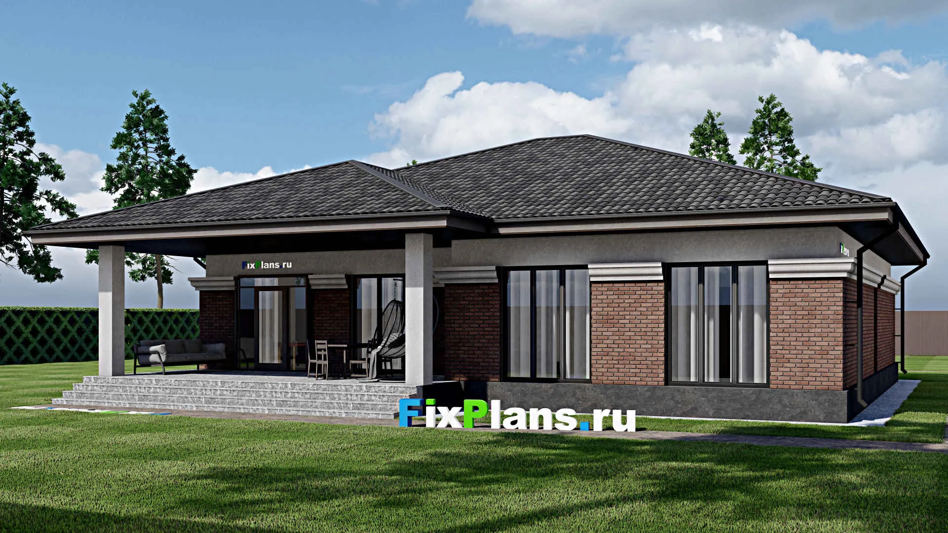 F-1808 - План одноэтажного дома 21 на 24, площадью 270 м² с террасой, гаражом на 2 машины и 4 спальнями