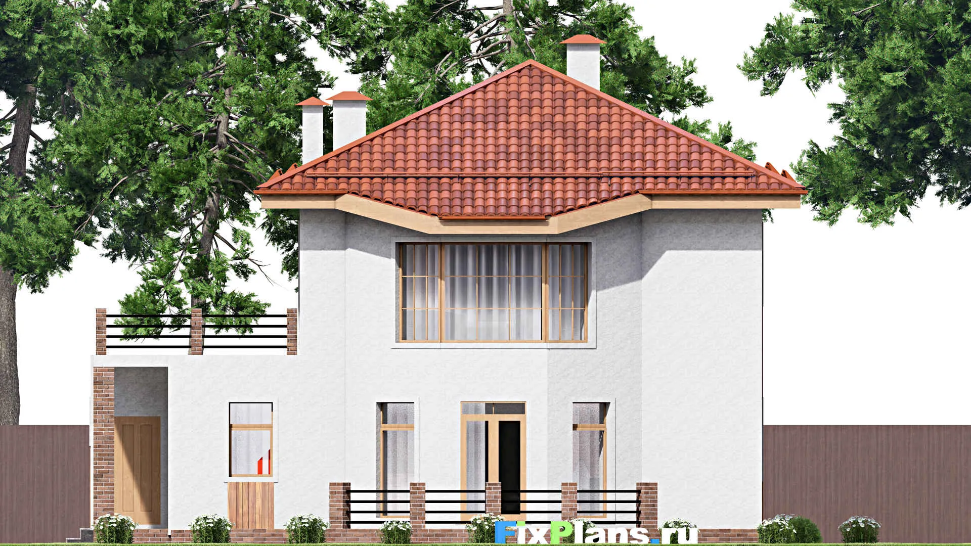 F-15974 - Проект двухэтажного дома 14 на 18, площадью 300 м² с террасой, балконом, гаражом на 1 машину и 4 спальнями