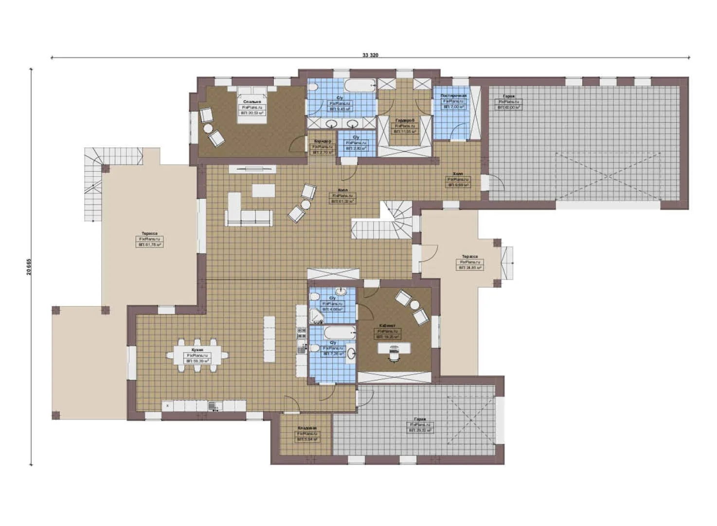 F-17162 - План одноэтажного дома 21 на 34, площадью 710 м² с террасой, цокольным этажом, гаражом на 2 машины и 4 спальнями
