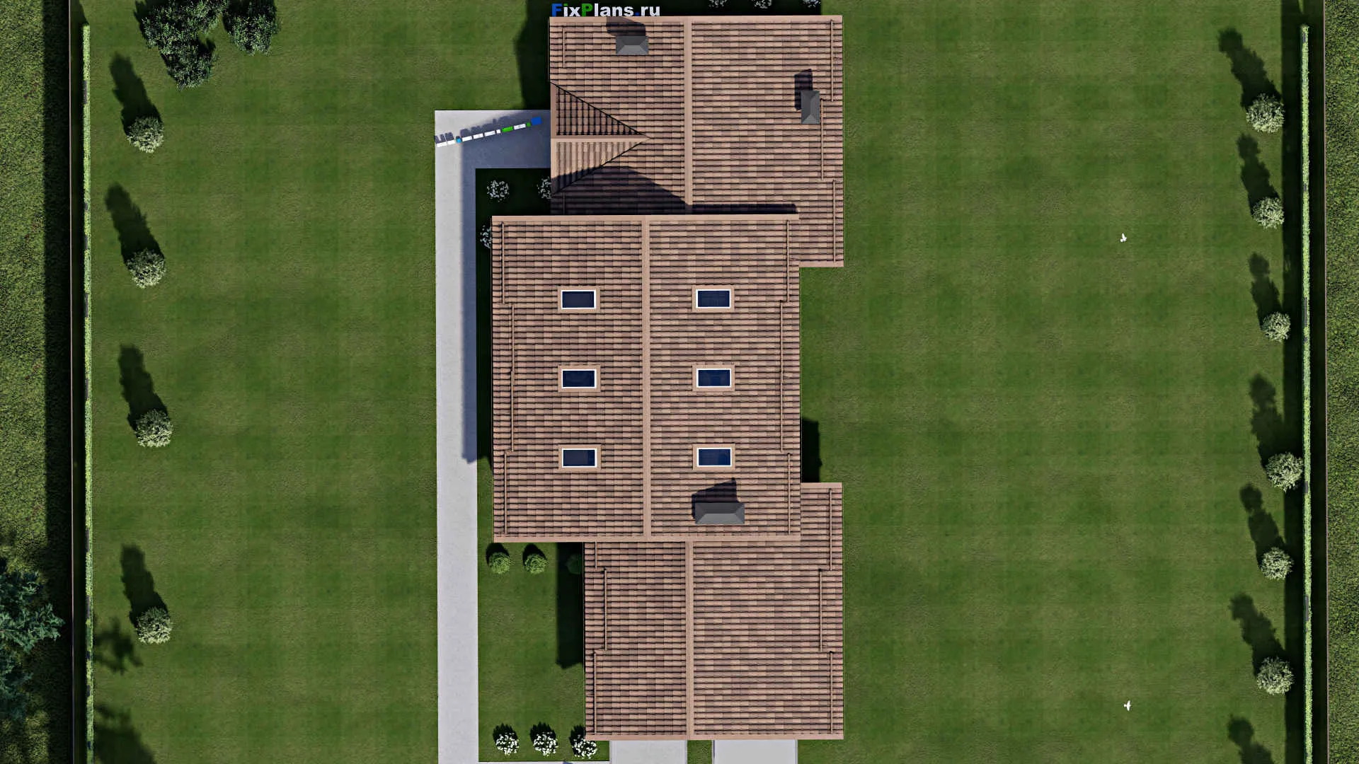 F-9053 - План одноэтажного дома 12 на 26, площадью 190 м² с террасой, баней, гаражом на 1 машину и 2 спальнями