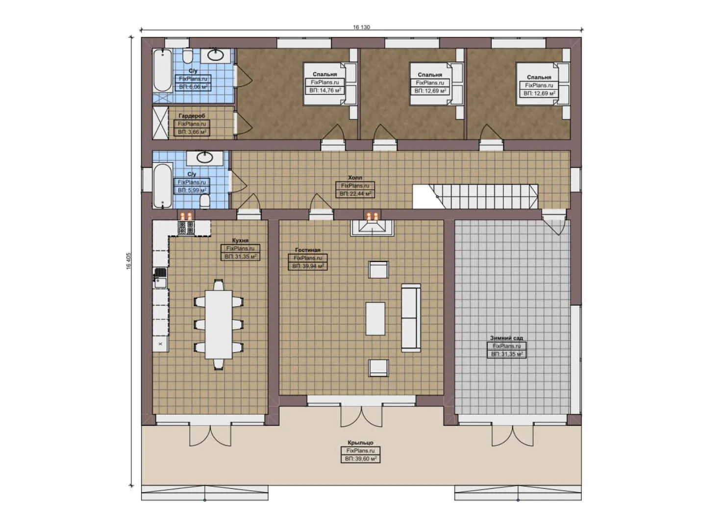 F-10052 - План одноэтажного дома 17 на 17, площадью 230 м² с 3 спальнями