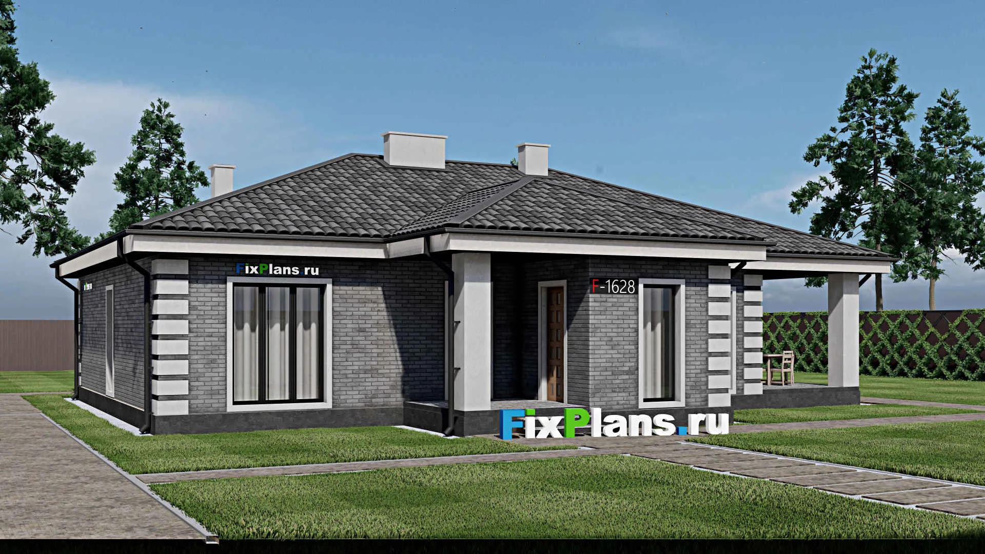 F-1628 - Проект одноэтажного дома 14 на 14, площадью 160 м² с террасой и 3 спальнями
