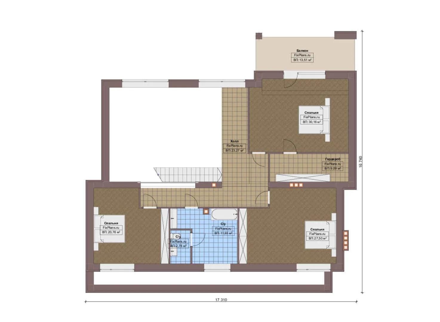 F-11978 - Планы двухэтажного дома 17 на 18, площадью 340 м² с террасой, балконом, гаражом на 2 машины и 3 спальнями