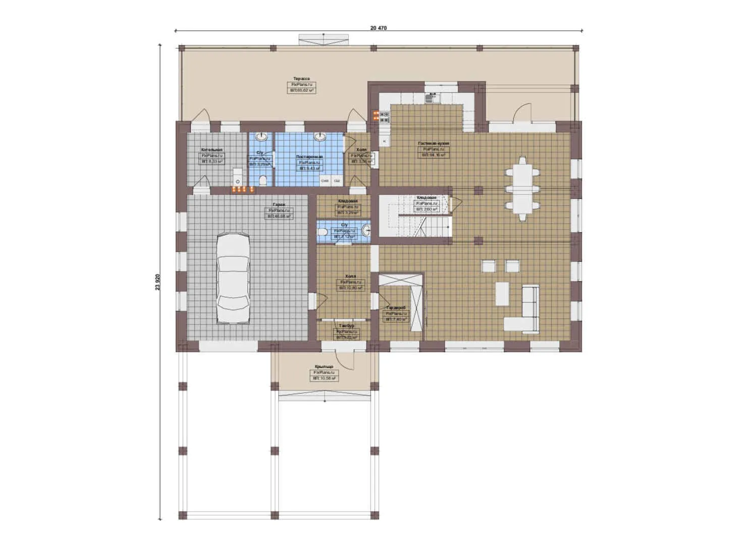 F-17900 - Планы дома с мансардой 21 на 24, площадью 380 м² с террасой, гаражом на 2 машины и 2 спальнями
