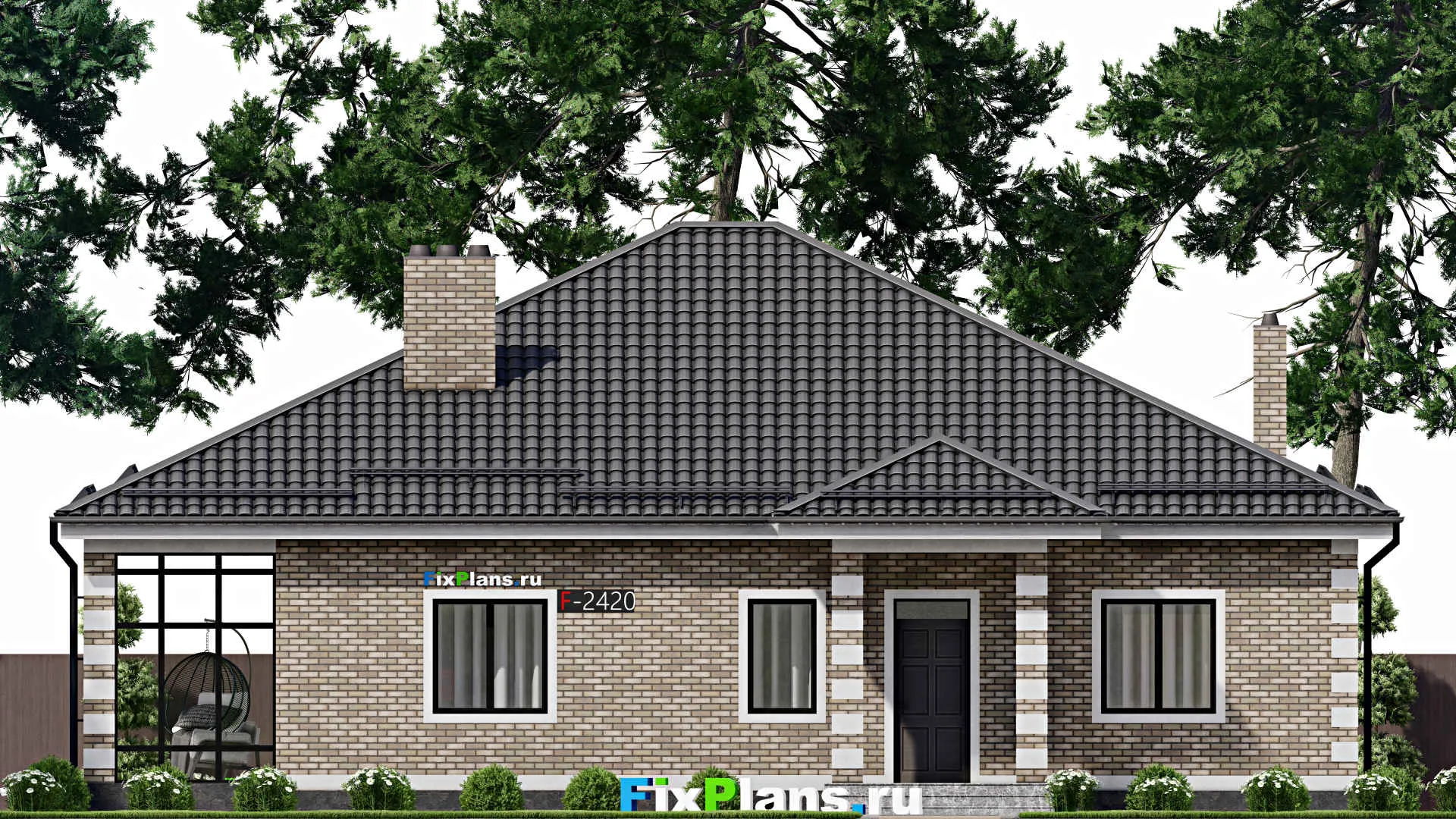 F-2420 - План одноэтажного дома 15 на 16, площадью 220 м² с террасой и 3 спальнями