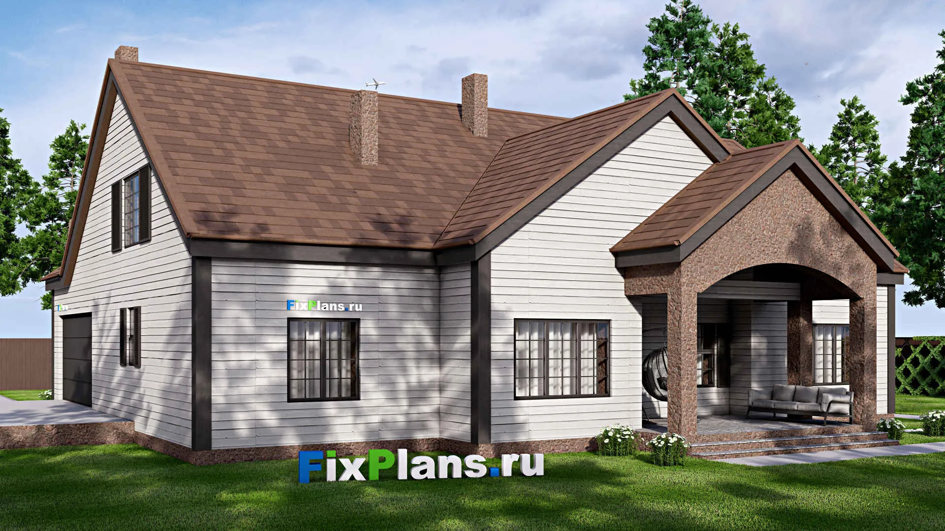 F-16928 - Проект дома с мансардой 19 на 20, площадью 340 м² с террасой, гаражом на 2 машины и 5 спальнями