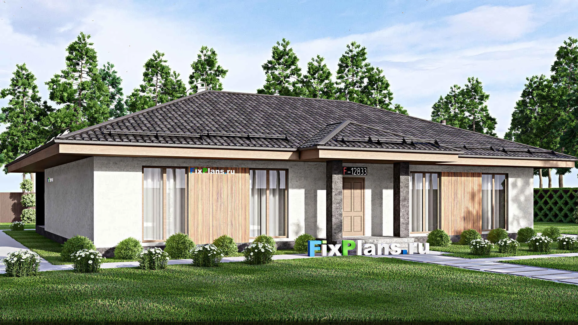 F-12833 - Проект одноэтажного дома 17 на 19, площадью 210 м² с террасой и 4 спальнями