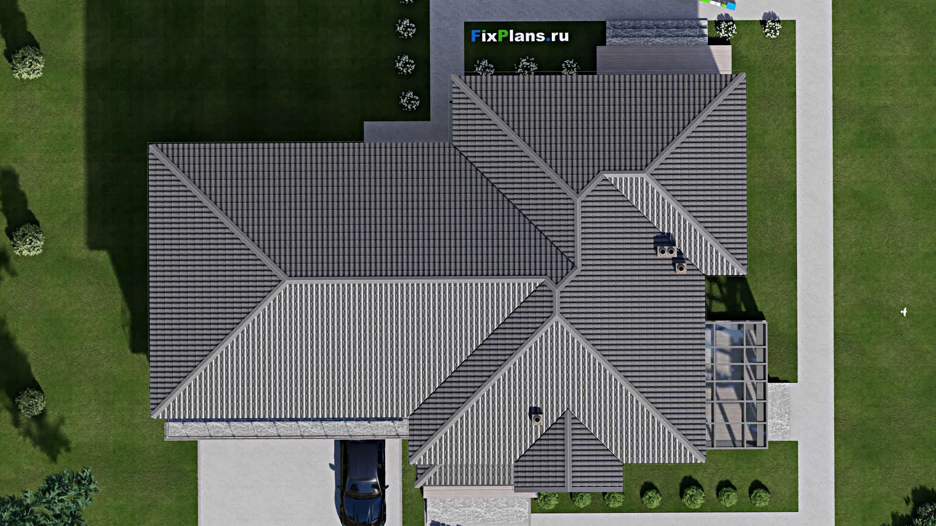 F-5507 - Планы двухэтажного дома 17 на 25, площадью 500 м² с террасой, балконом, гаражом на 2 машины и 4 спальнями