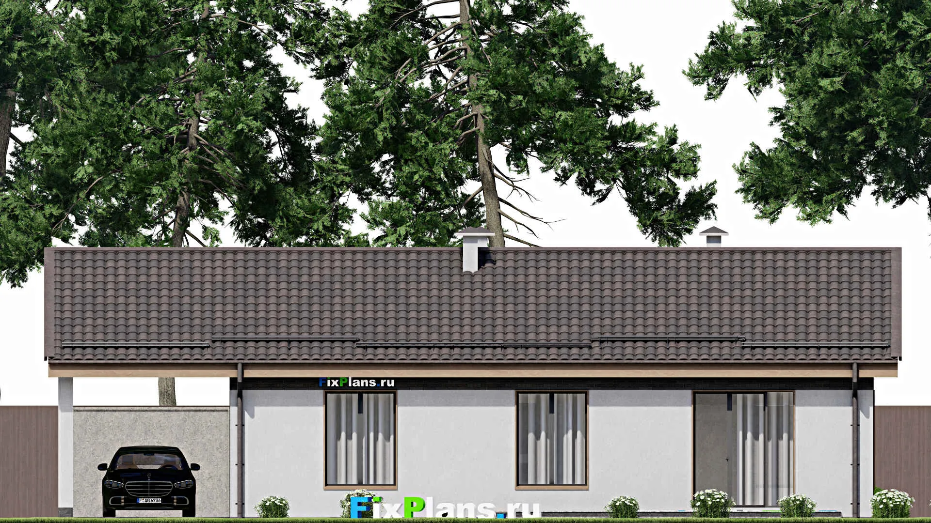 F-6686 - План одноэтажного дома 9 на 14, площадью 140 м² с террасой и 2 спальнями