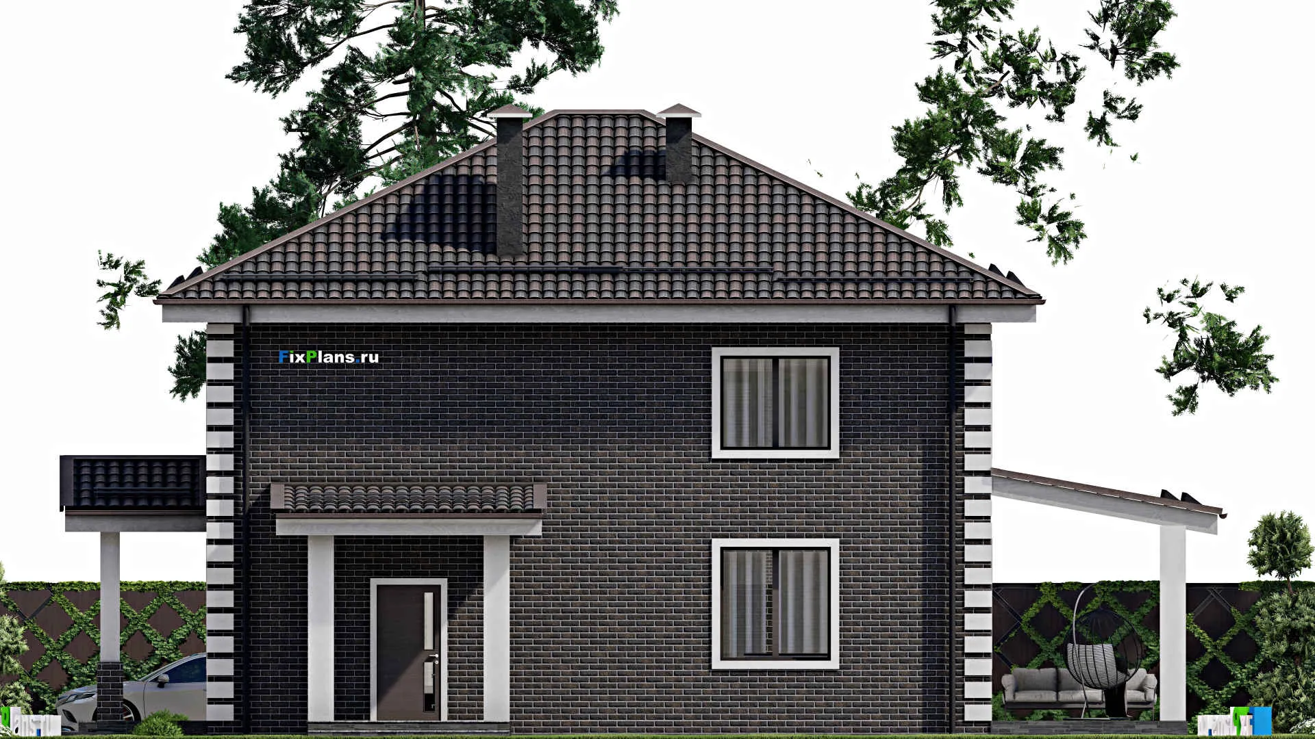 F-6056 - Проект двухэтажного дома 11 на 13, площадью 240 м² с террасой и 4 спальнями