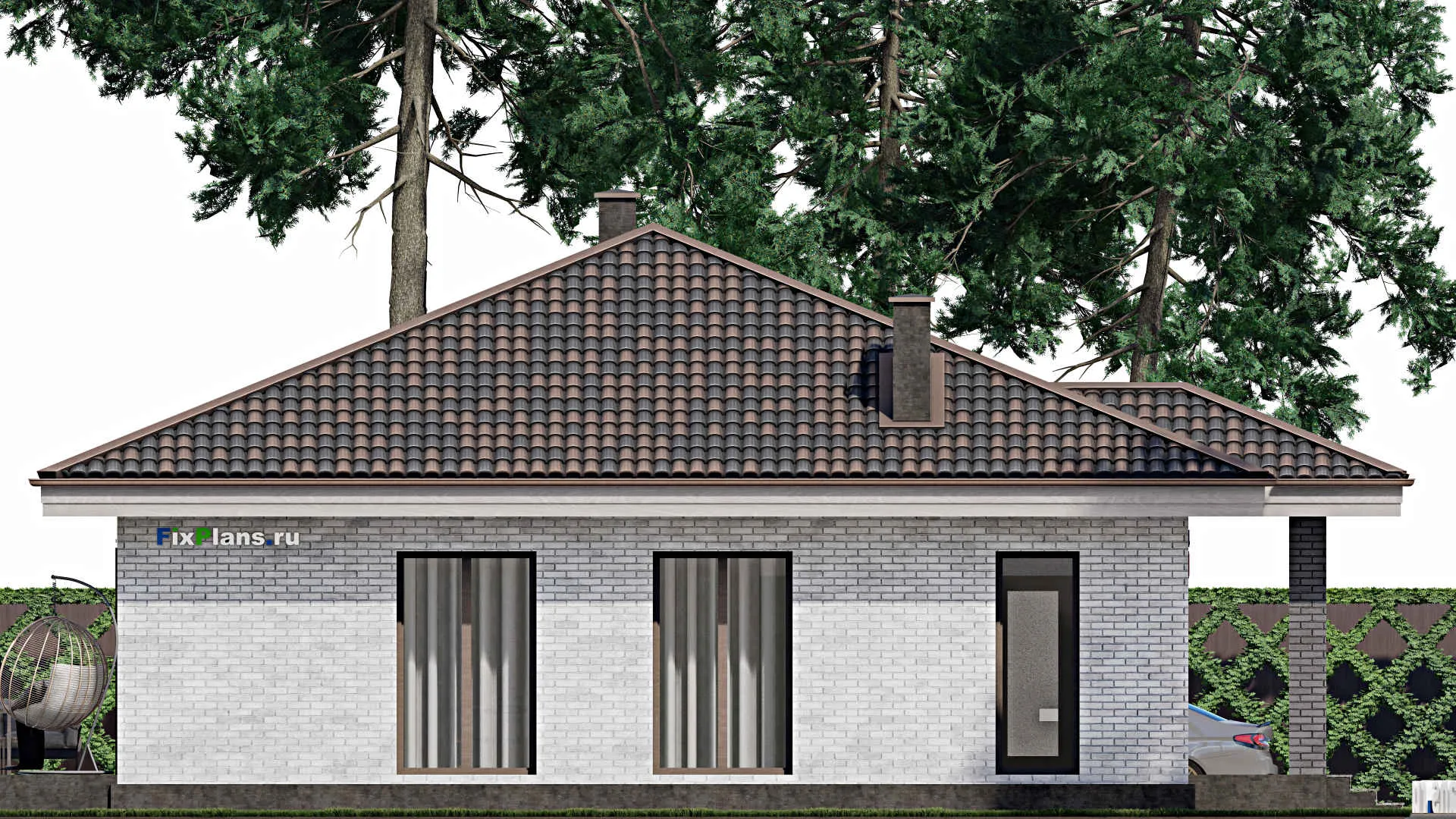 F-1232 - Проект одноэтажного дома 12 на 14, площадью 150 м² с террасой и 3 спальнями